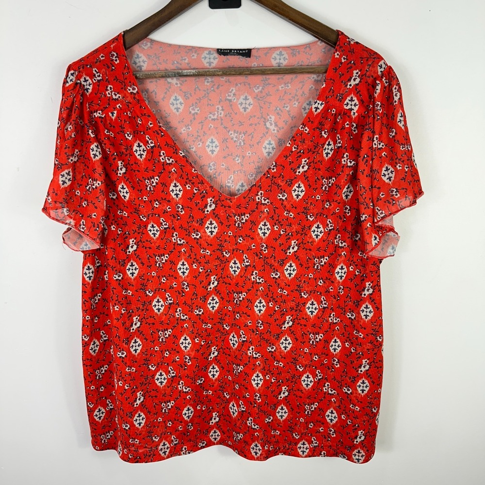 Lane Bryant Blouse Women 18/20 Red Boho Indie Retro Festival Dainty Cottage Chic